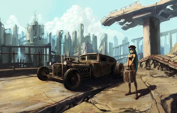 Machine, the wreckage, girl, the city, canister, ruins, vocaloid, hatsune miku