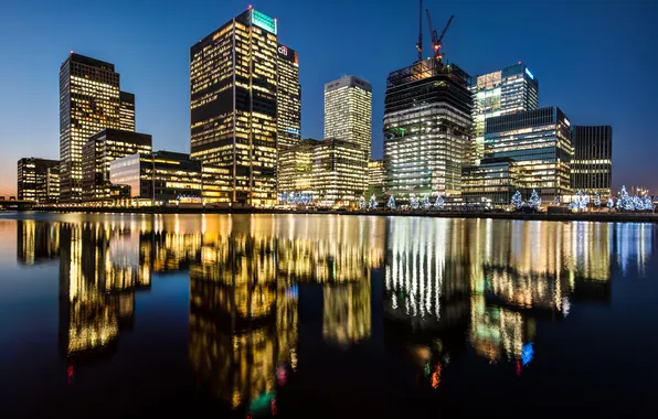 Picture light, night, the city, reflection, river, England, London, building