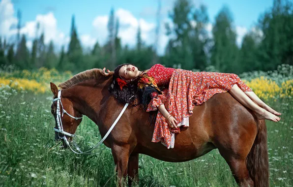 Picture field, forest, summer, grass, girl, flowers, nature, pose, mood, horse, stay, feet, horse, sleep, brunette, …