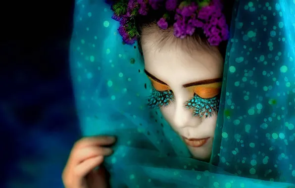 Girl, flowers, eyelashes, makeup, shawl