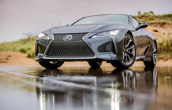 Road, car, machine, trees, clouds, rain, black, Lexus