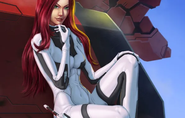 Weapons, fiction, art, costume, sits. pose, girl. red hair