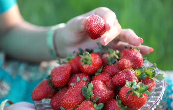 Summer, girl, berries, mood, hand, blur, dress, strawberry