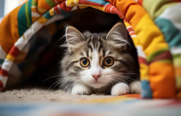 Cat, look, pose, kitty, portrait, fabric, house, face