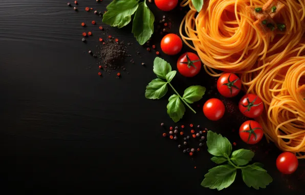 Greens, leaves, the dark background, Board, tomatoes, spaghetti, tomatoes, spices