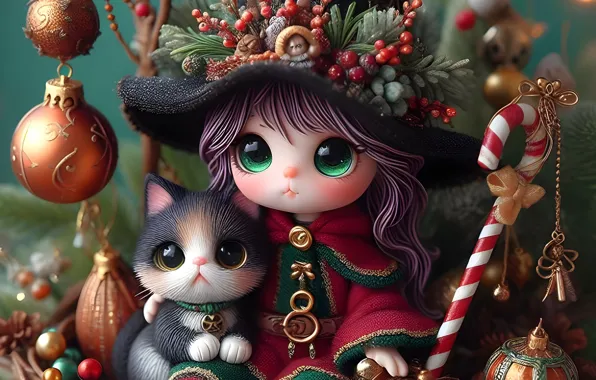 Cat, cat, balls, kitty, hat, doll, Christmas, girl