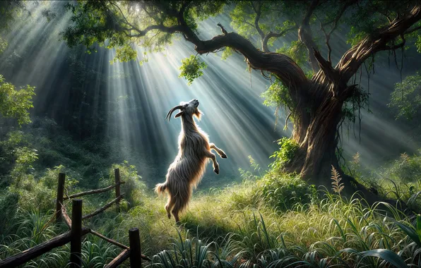 Nature, fog, tree, goat, goat, AI art