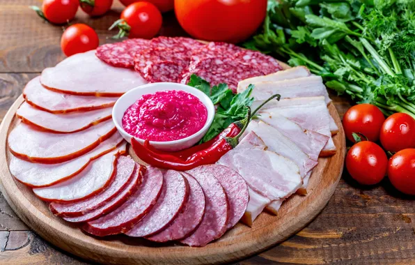 Meat, pepper, vegetables, tomatoes, sausage, ham