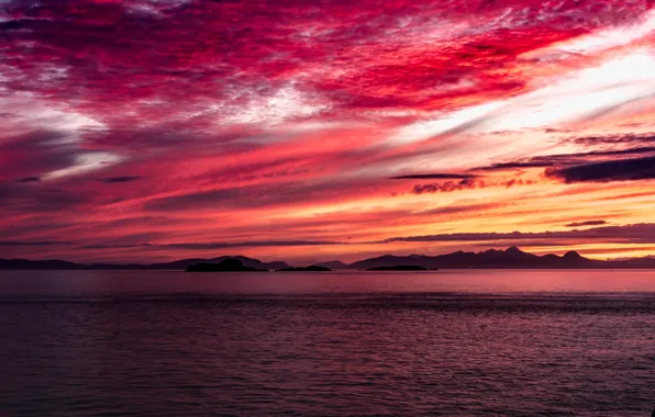 Sea, clouds, landscape, mountains, glow
