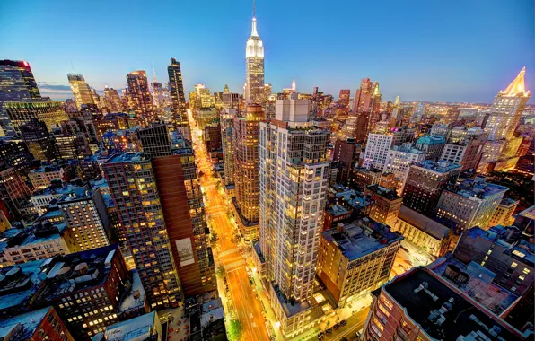 Picture road, light, the city, lights, building, New York, skyscrapers, the evening