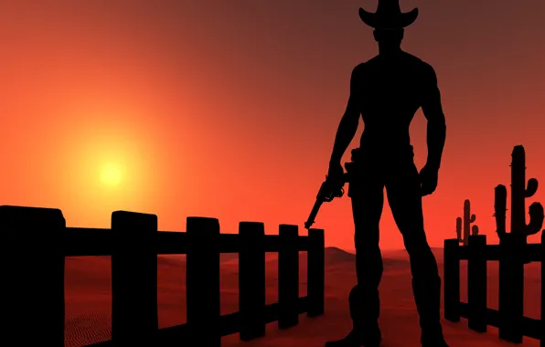 Desert, sunset, cowboy, Silhouettes