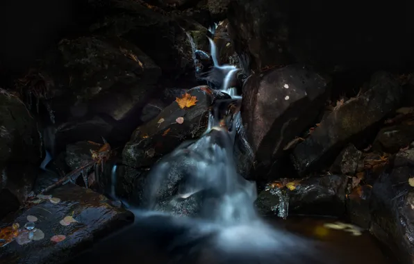 Picture autumn, leaves, nature, the dark background, stones, waterfall, autumn