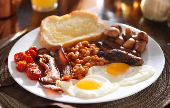Sausage, Breakfast, scrambled eggs, English, beans