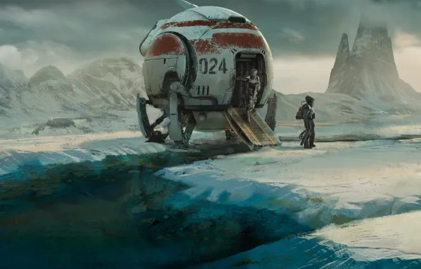 Picture ice, fantasy, science fiction, mountains, snow, spaceship, sci-fi, planet