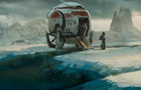 Ice, fantasy, science fiction, mountains, snow, spaceship, sci-fi, planet