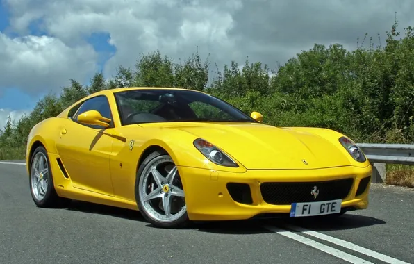 Picture road, the sky, clouds, yellow, coupe, supercar, ferrari, Ferrari