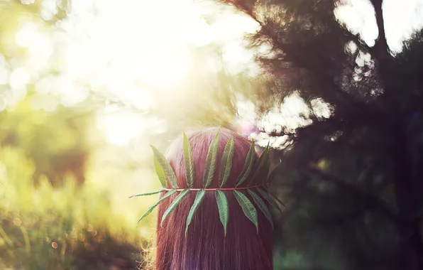 Leaves, hair, head, green, red