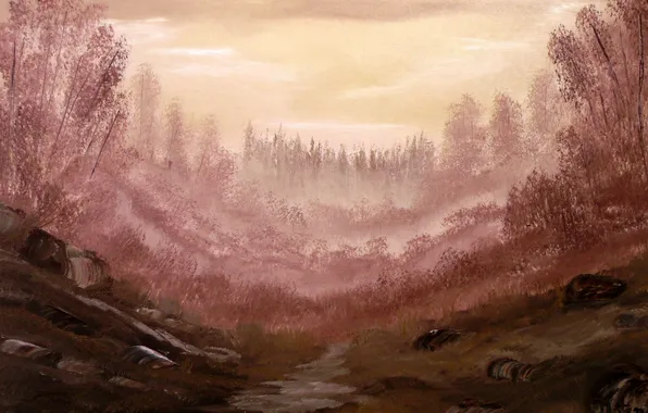 Trees, river, stones, painted landscape