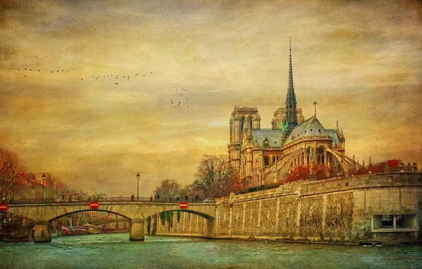 The sky, birds, bridge, river, France, Paris, Hay, canvas