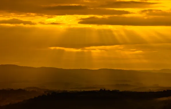 The sun, rays, light, sunset, hills, tuscan glow