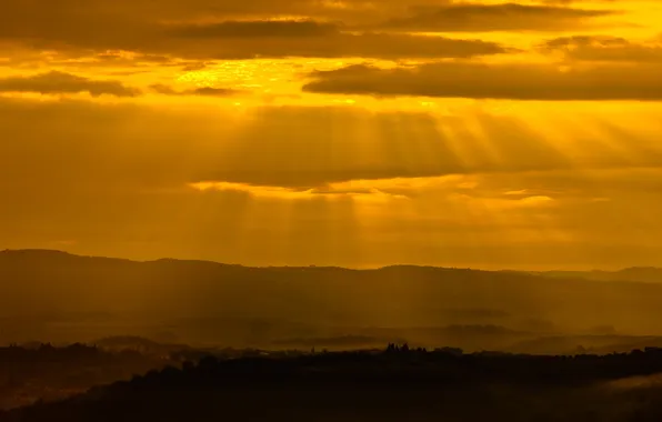 Picture the sun, rays, light, sunset, hills, tuscan glow