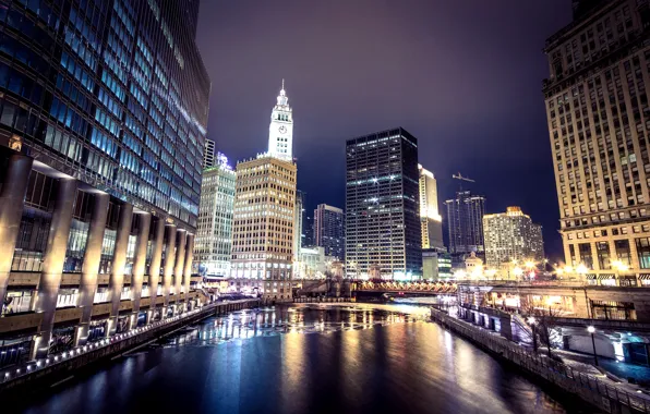 Winter, bridge, the city, lights, river, building, skyscrapers, backlight