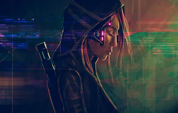 Girl, face, hood, art