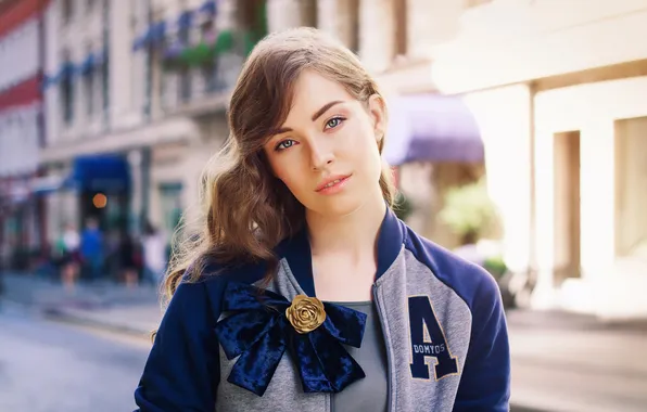 Look, girl, face, the city, street, portrait, costume, bow