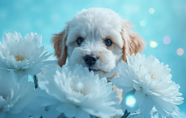 White, look, flowers, pose, glare, portrait, dog, bouquet