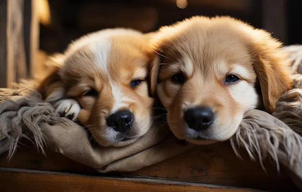 Dogs, look, light, the dark background, puppies, puppy, fabric, a couple