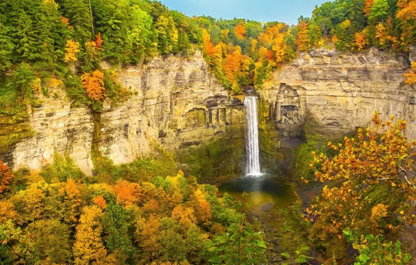 Picture autumn, forest, the sky, mountains, rocks, waterfall, stream