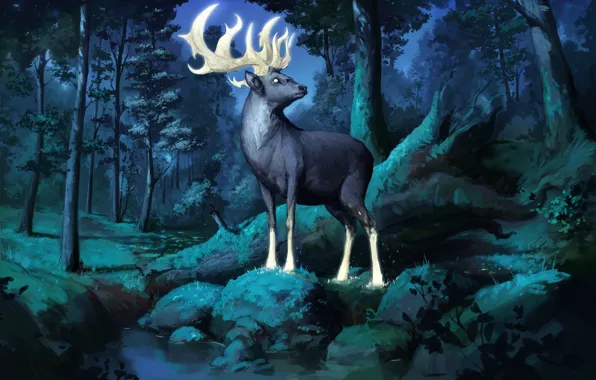 Forest, deer, art, horns, Deer, Nick Serpilov