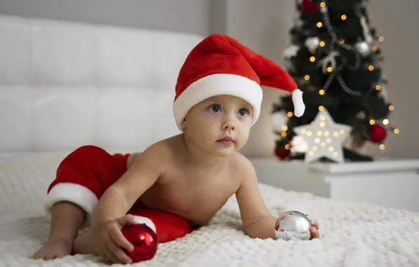 Child, Christmas, New year, baby, Christmas decorations, the Santa hat