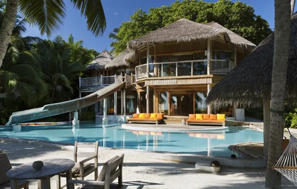 Palm trees, Villa, pool, The Maldives, terrace, Maldives, Soneva Fushi