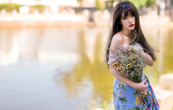 Picture look, girl, hair, bouquet, Asian, bokeh