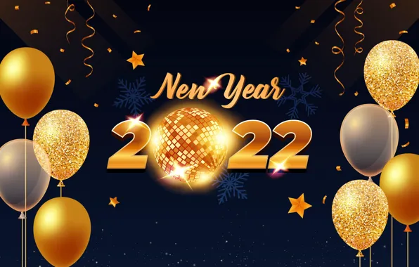 Balloons, gold, figures, New year, golden, black background, new year, happy