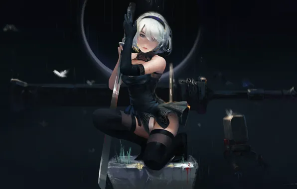 Picture girl, weapons, sword, stockings, anime, blonde, Nier: Automata