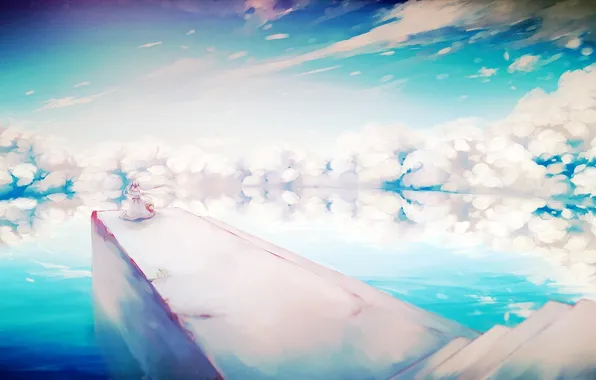 The sky, water, girl, clouds, bridge, reflection, the ocean, anime