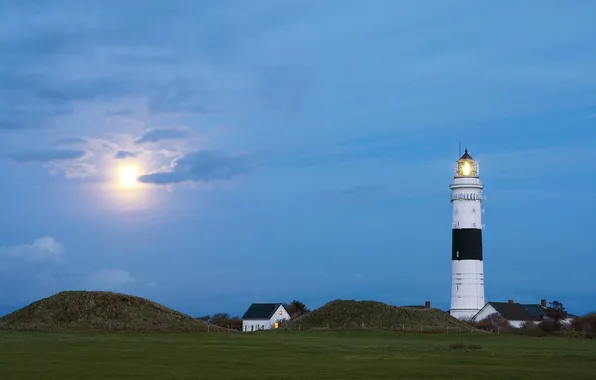 Picture field, grass, hills, lighthouse, home