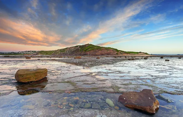 The sky, landscape, river, stones