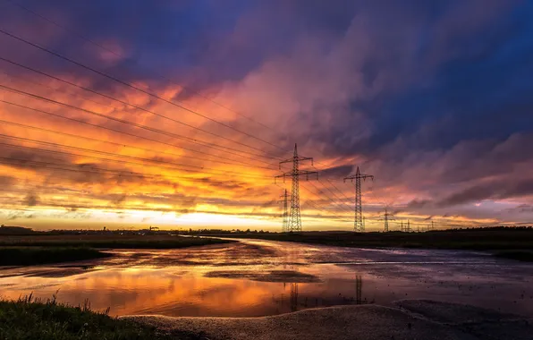 Road, the sky, sunset, power lines