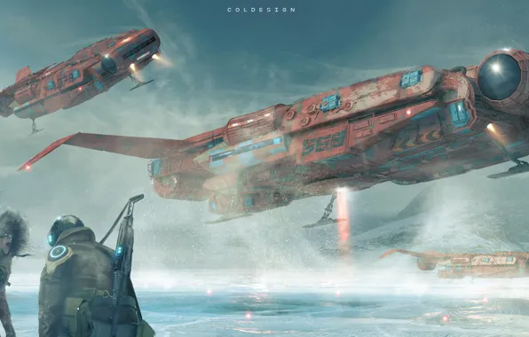 Winter, Snow, People, Ships, Fantasy, Art, Art, Spaceship