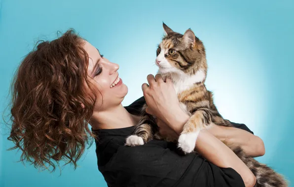 Cat, girl, smile, background, mood, brunette, hairstyle