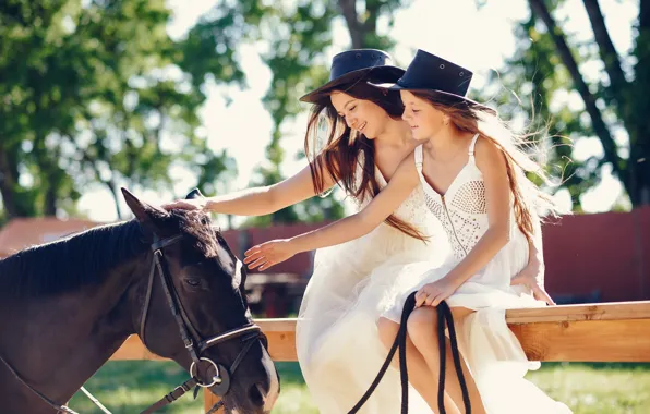 Summer, girl, pose, Park, horse, kindness, horse, hat
