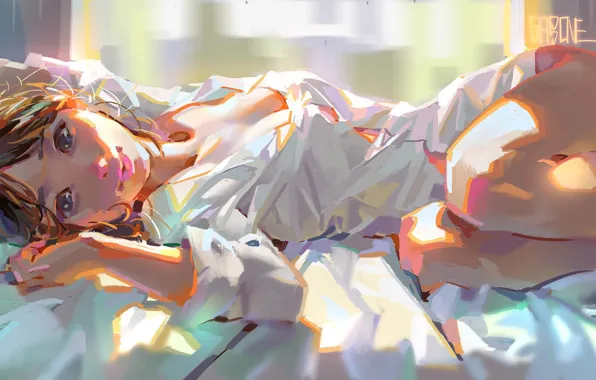 Girl, smile, morning, window, bed, white, shirt, art