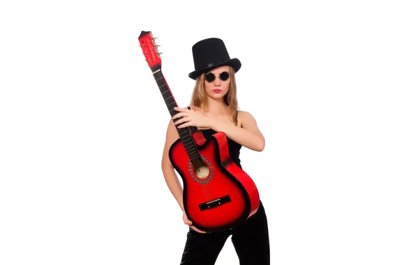 Picture girl, pose, guitar, hat, makeup, glasses, hairstyle, white background