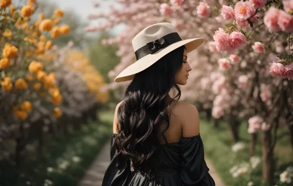Summer, girl, flowers, Park, back, roses, hat, garden