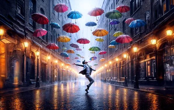 Road, light, reflection, the city, pose, rain, street, people