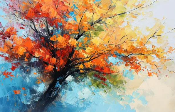 Autumn, leaves, branches, nature, tree, paint, foliage, picture
