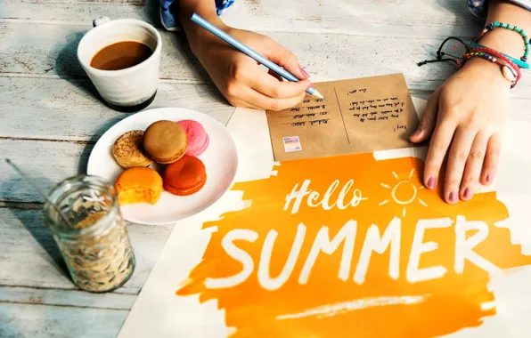 Summer, letter, the inscription, hand, plate, mug, macaroon